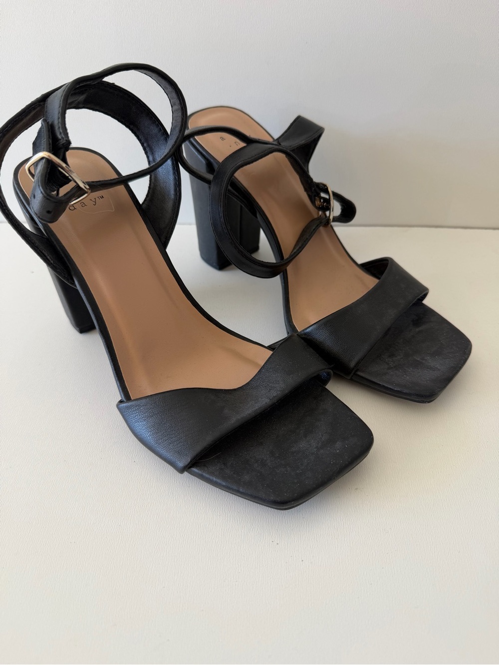 a new day Black Square Toe Block Heel Sandals with Ankle Strap